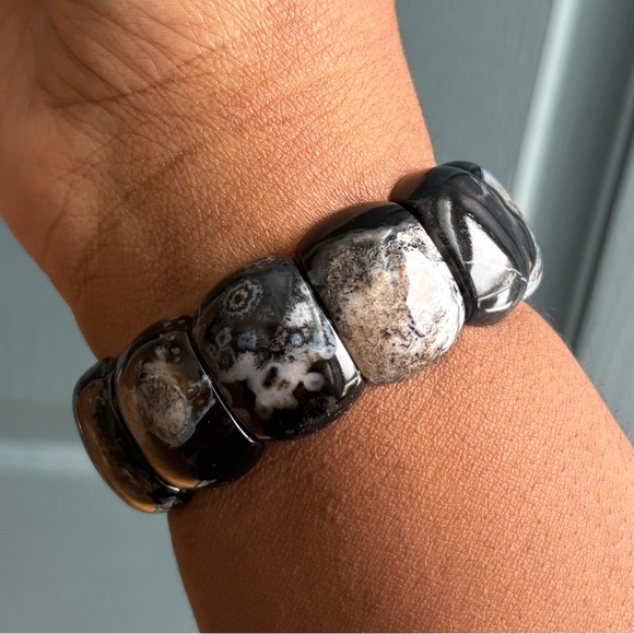 Jumbo Black Flower Agate Stretch Bangle Crystal Bracelet 25mm - Picture 10 of 12